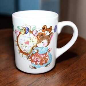 House Of Fabric Sewing Mouse Mug Vintage Button & Embroidery Whimsical Mug
